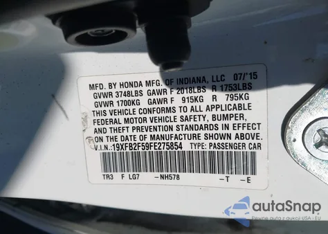 2015 Honda Civic Lx из США, поврежденный, VIN 19XFB2F59FE275854